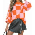 thumbnail image 3 of Mode Automne pour Femmes Chandail Ample à Manches Longues à Col Roulé en Tricot Côtelé à Carreaux Orange, 3 of 9