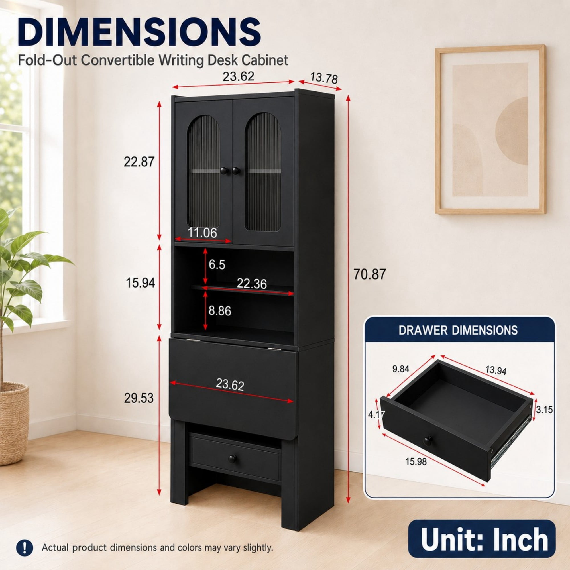 DEALTOPS 70.9-Inch Slim Fold-Out Desk Cabinet with Bookshelf and Drawer, Convertible Writing Desk, Black