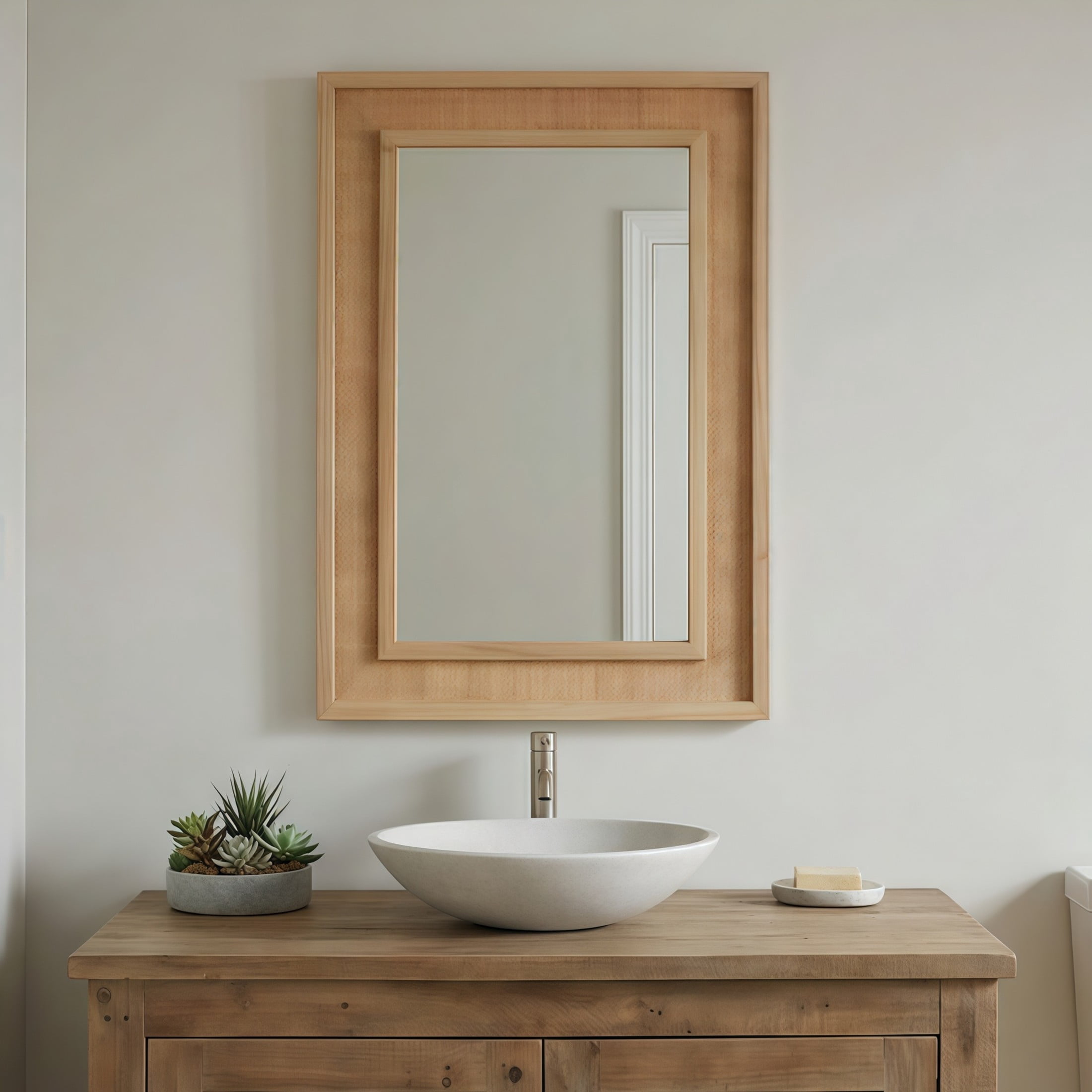Noble House 20"x30" Rattan Rectangle Wall Mirror, Decorative Accent Bathroom Mirror with Solid Wood Frame, Natural Wood