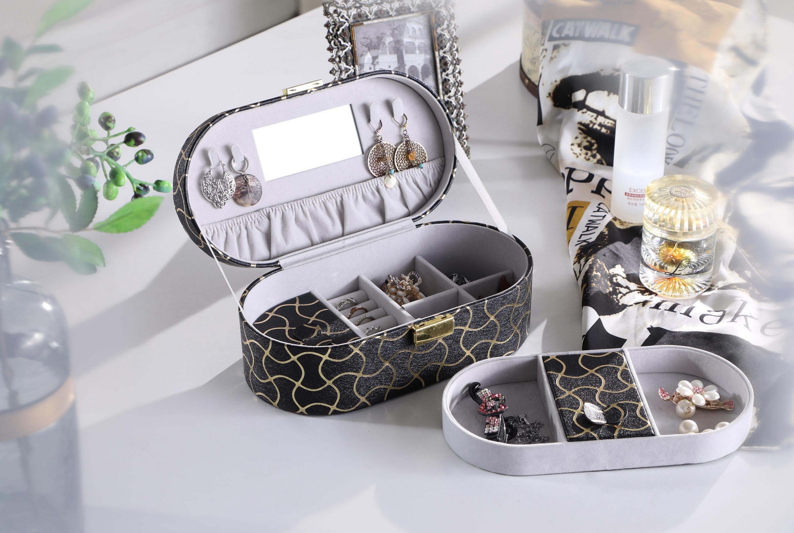 9.5" Long Leather Jewelry Organizer Case with Mirror, Gold Swirl Pattern, Black, for Earrings, Rings, Necklaces and Bracelets, Travel Jewelry Box for Women