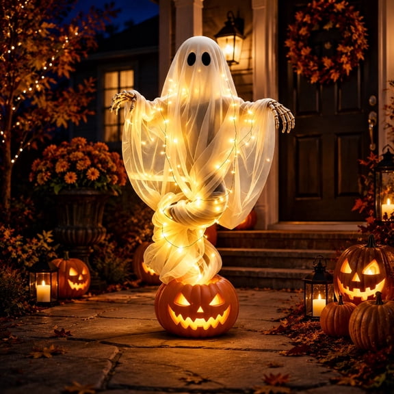 Halloween Swirling Ghost Pumpkin Yard Lamp, Light Up Outdoor Ghost Pumpkin Decoration with LED Glow, Spooky Porch Lawn Garden Ornament for Halloween Party Display