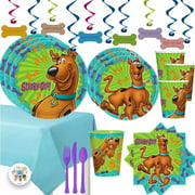 Mega Scooby Doo Birthday Party Supplies Pack For 16 With Scooby Doo Dinner and Dessert Plates, Napkins, Cups, Tablecover, Cutlery, Happy Birthday Dog Bone Swirls, 1 Favor Cup, and Exclusive Paw Pin