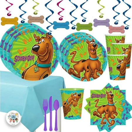 Mega Scooby Doo Birthday Party Supplies Pack For 16 With Scooby Doo Dinner and Dessert Plates, Napkins, Cups, Tablecover, Cutlery, Happy Birthday Dog Bone Swirls, 1 Favor Cup, and Exclusive Paw Pin