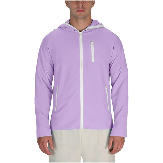RXMEKW UPF Sun Protection Jacket for Men With Zippered Front and Hood, Lightweight Breathable Fabric for Daily Wear, Solid Color
