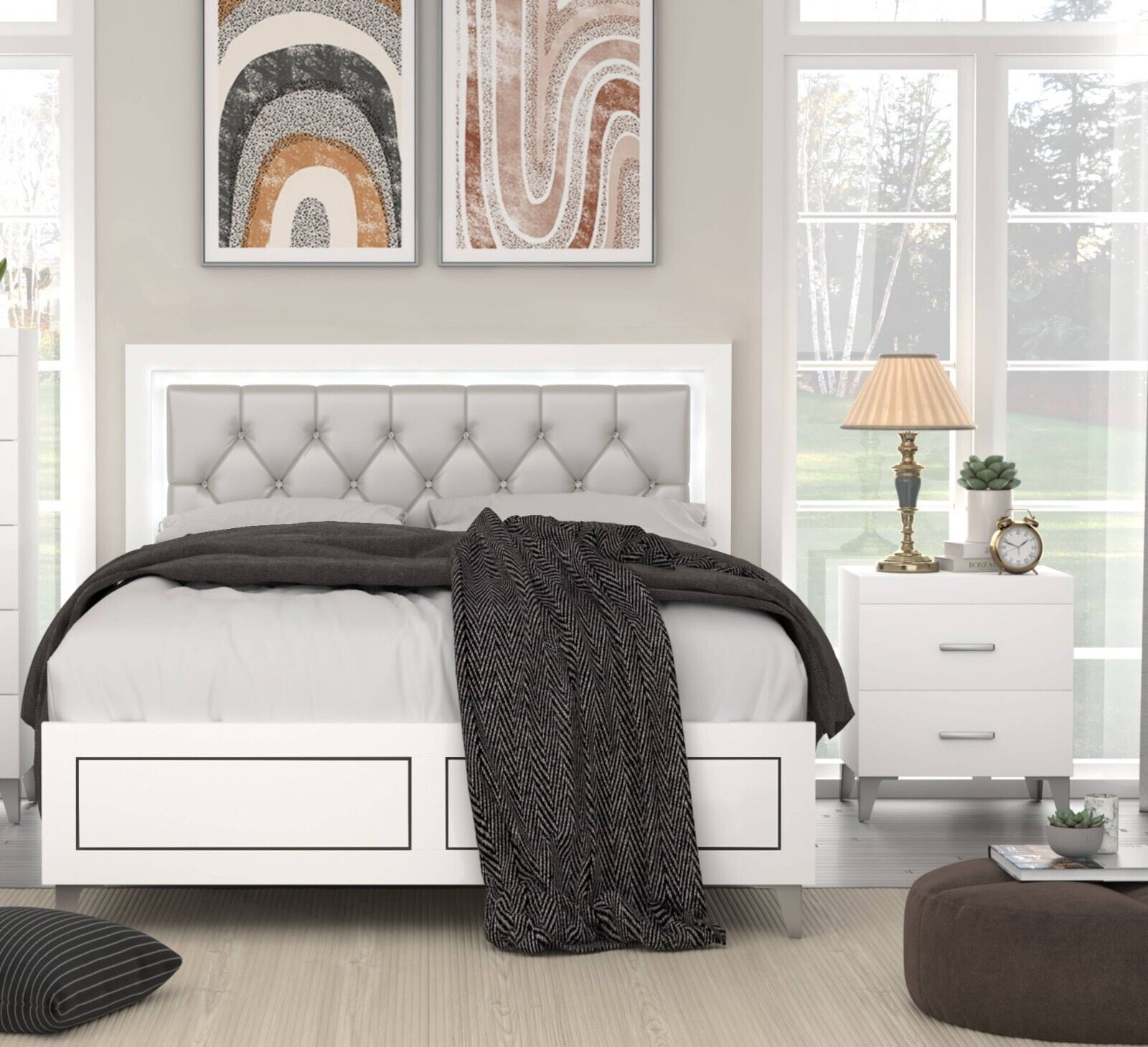 Stylish White Finish 3pc Bedroom Furniture Set Queen Size Bed Button