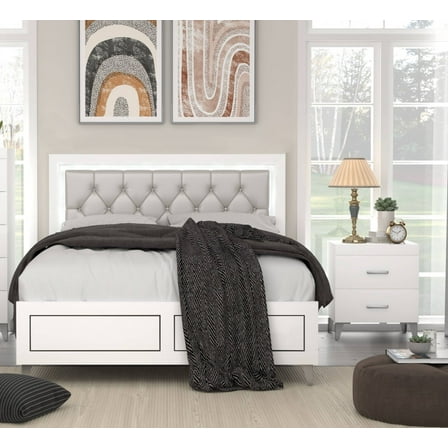 Stylish White Finish 3pc Bedroom Furniture Set Eastern King Size Bed Button-Tufted LED Headboard 2x Nightstands