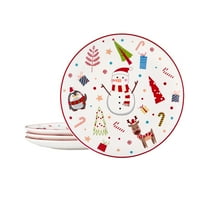 Bico Christmas Merry Crew Ceramic 8.75 inch Holiday Salad Plates Set, Set of 4, for salad, appetizer, tapas, Microwave and Dishwasher Safe, Scratch Resistant