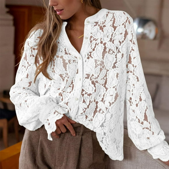 Clearance Sale! Rigardu Women's Casual Lace Blouse Long Sleeve Button Up Shirts Tops Fall Fashion Clothes White M