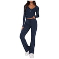 thumbnail image 1 of Conjunto de 2 piezas de manga larga para mujer: top con cuello en V y pantalones anchos, poliéster y spandex, tallas S-XL, 1 of 4