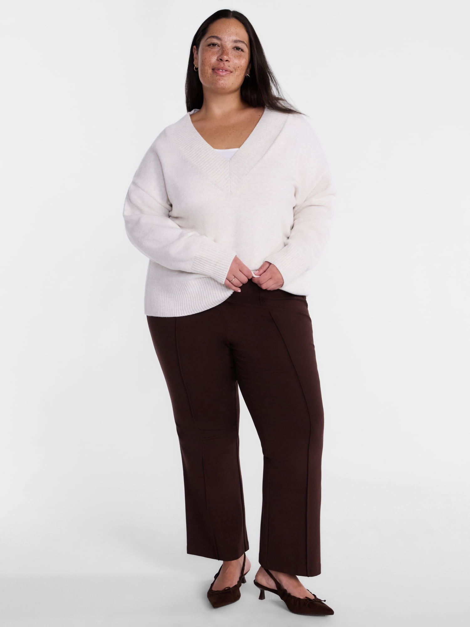 Terra & Sky Women's Plus Deep V-Neck Sweater with Long Sleeves, Midweight, Sizes 0X-5X
