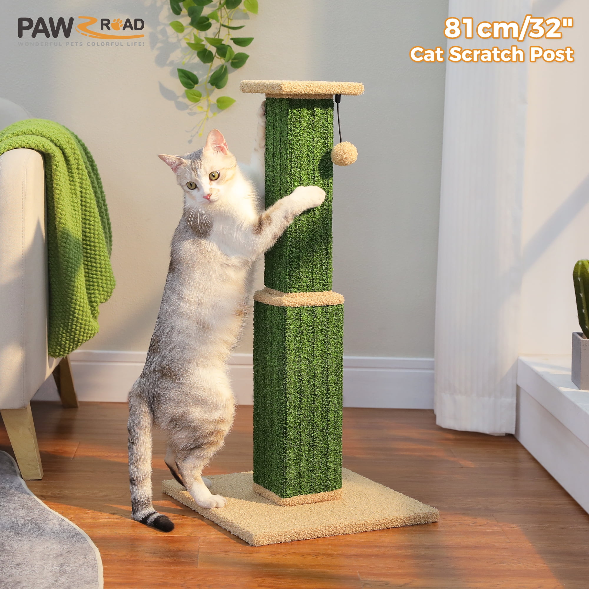 PAWZ Road 31" Cat Scratching Post Indoor Cat Scratcher with Plush Large Base, Green