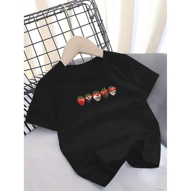 Strawberry Graphic Print, Girls' Casual & Comfy Crew Neck Short Sleeve Cotton T-shirt for Spring & Summer, Girls' Clothes for Outdoor Activities