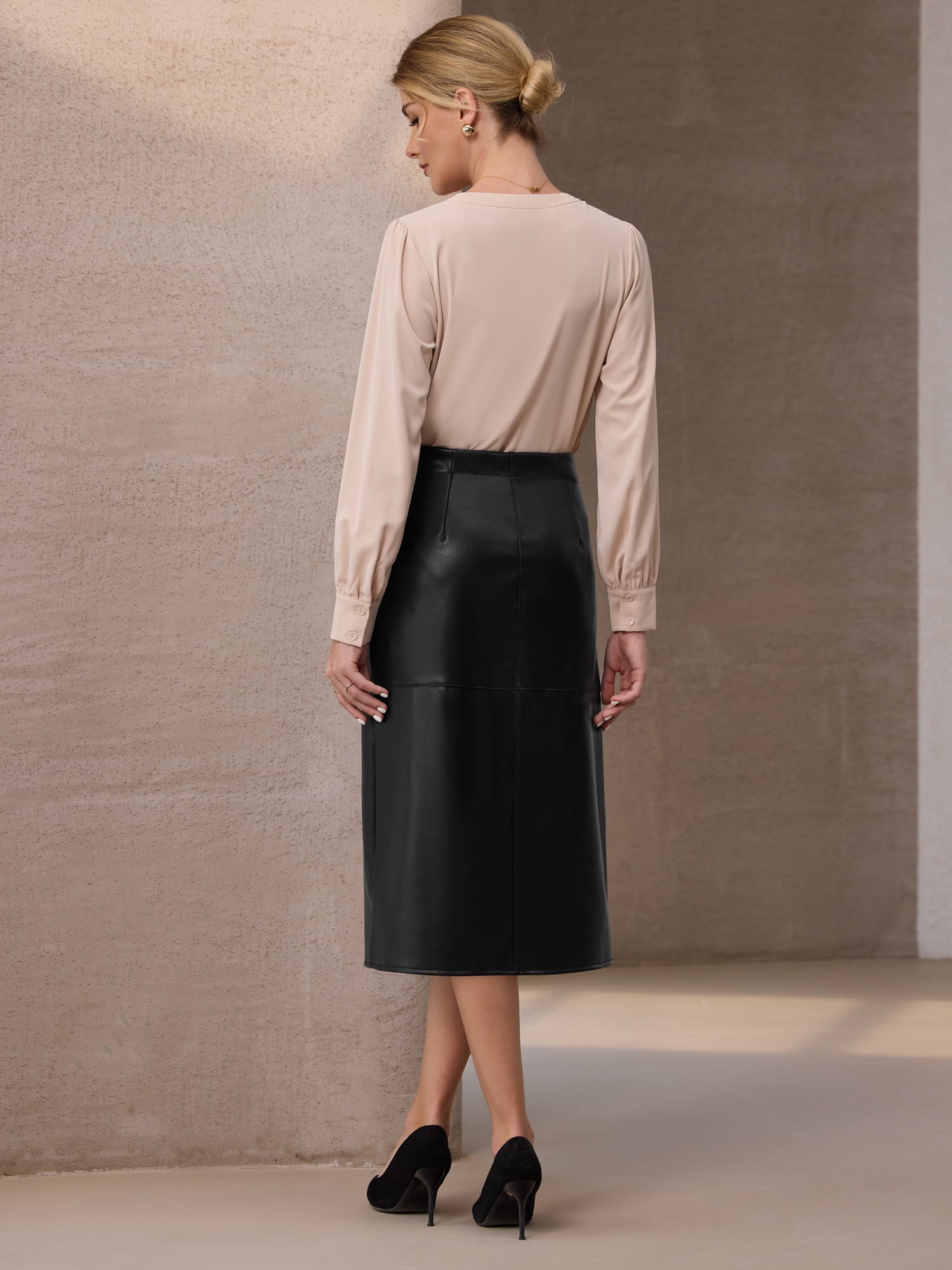 DARING DIVA Women's Faux Leather High Waist Knee Length Skirts S Black