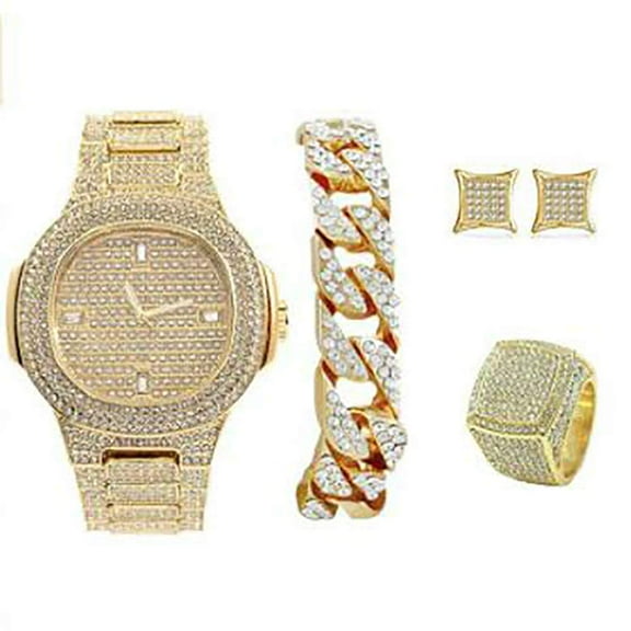 Bling-ed Out It's Lit! Hip Hop Watch & Jewerly Set w/Cuban Chain Bracelet, Kite Bling Earrings & Ring - GJM13, 8967, Gold, Ring Size-11