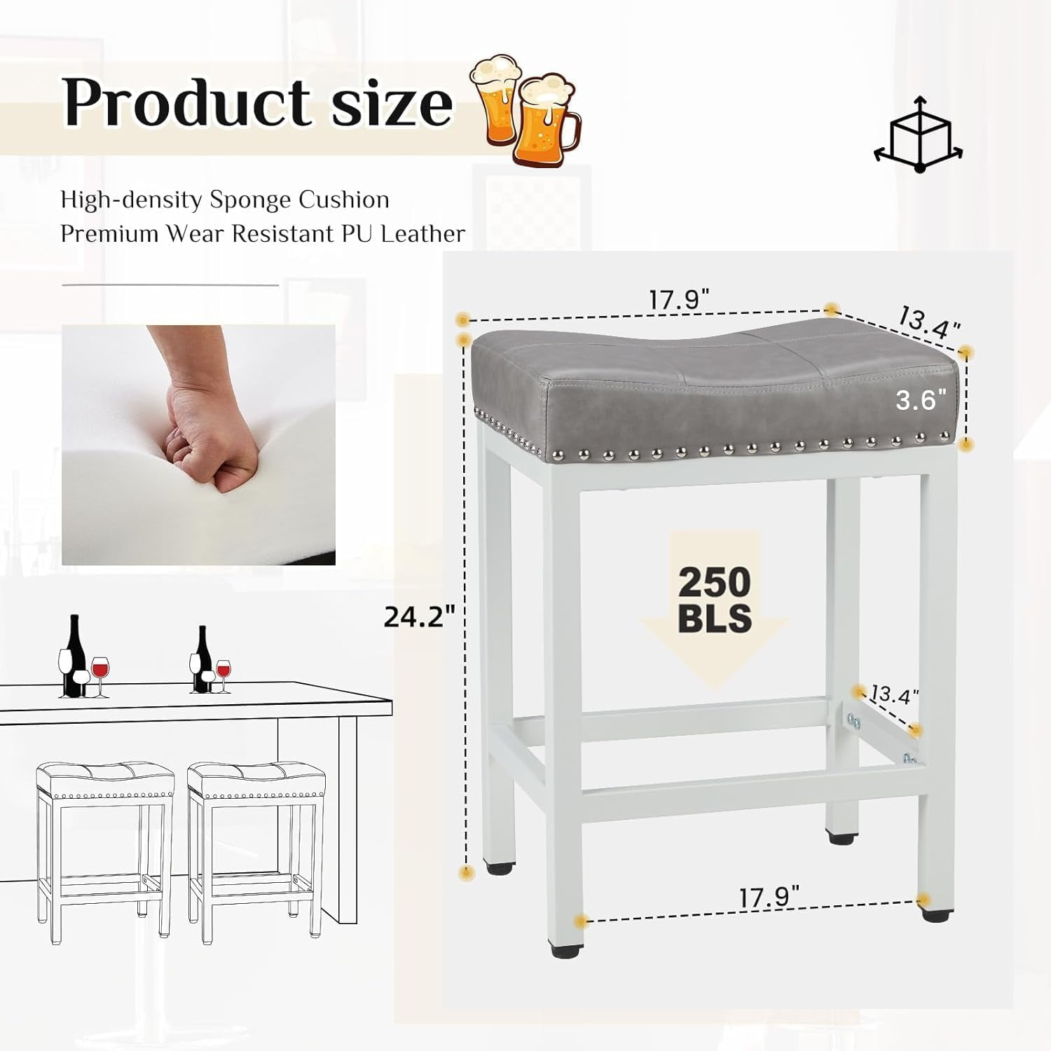 24" Backless Bar Stools, Set of 4 Counter Height Bar Stools, Leather Saddle Counter Stool, Gray