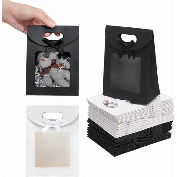 24 Pcs Gift Bag with Clear Window Black White Kraft Paper Bags Stand up Gift Bag with Handles Bowknot Decorative Gift Wrap Bags