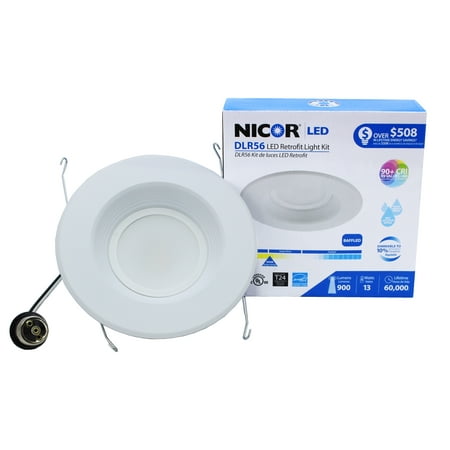 - NICOR Lighting 5/6-Inch Dimmable 800-Lumen 3000K LED Downlight Retrofit Kit for Recessed Housings, White Baffle Trim (DLR56-3008-3K-WH-BF)