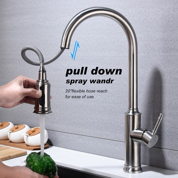 Modern Commercial Touch Kitchen Faucet with Pull-Out Spray Head, Single Handle Sink Water Tap Pull Down Sprayer 360 Degree Swivel (with Faucet Plate),Brushed Nickel Stainless Steel