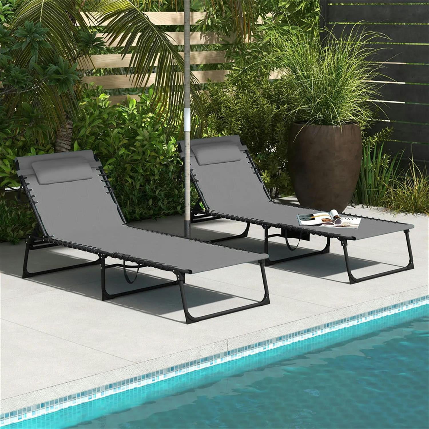 Demi Bonn 2 Piece Folding Chaise Lounge Set with Reclining Back, Portable Outdoor Patio Furniture for Beach, Yard, Gray
