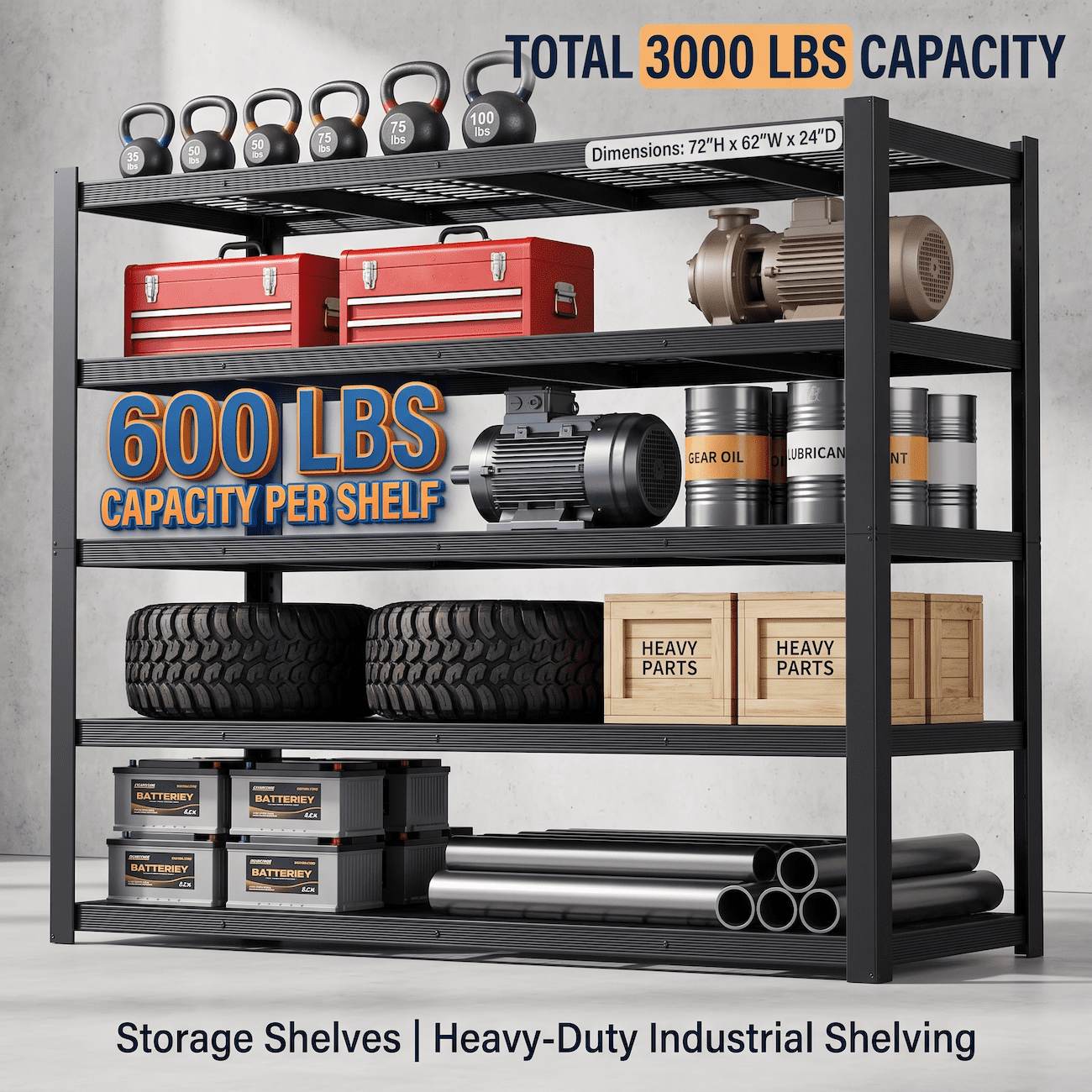 UBERLYFE Heavy Duty Garage Shelving Unit 3000 LBS, 5 Tier Adjustable Metal Storage Shelves, 62" W x 24" D x 72 H", Extra Wide Garage Storage Rack for Warehouse Basement Pantry