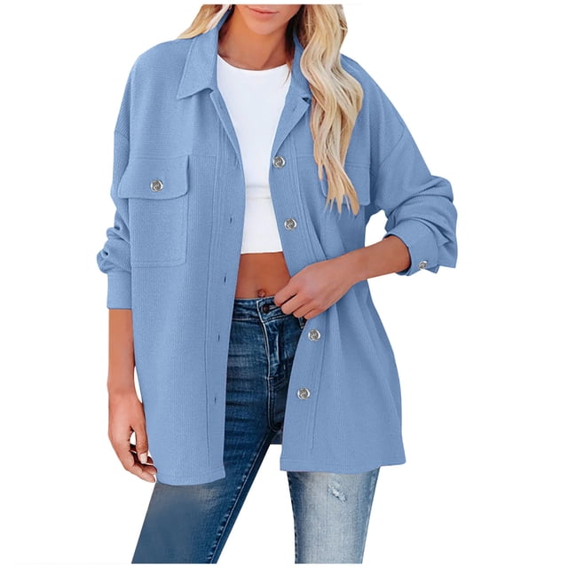 Yuyuzo Womens Fall Jackets Long Sleeve Turndown Collar Button down Coats with Pockets Solid Color