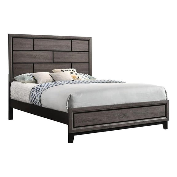 Benjara Asir Queen Size Bed- Geometric Panel Headboard- Modern Gray Wood Finish