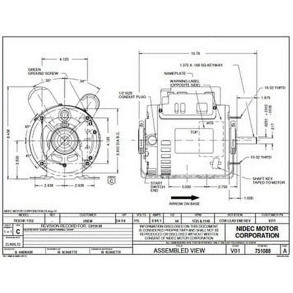 3/4 hp 1725/1140 RPM 2-Speed 115V; 6.5"  Blower Motor Nidec # 6311