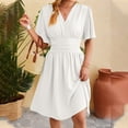 thumbnail image 4 of HJYCHN Elegant Women's Casual V-Neck Flared Sleeves Solid Color Dress with Waist for Everyday Style White M, 4 of 8