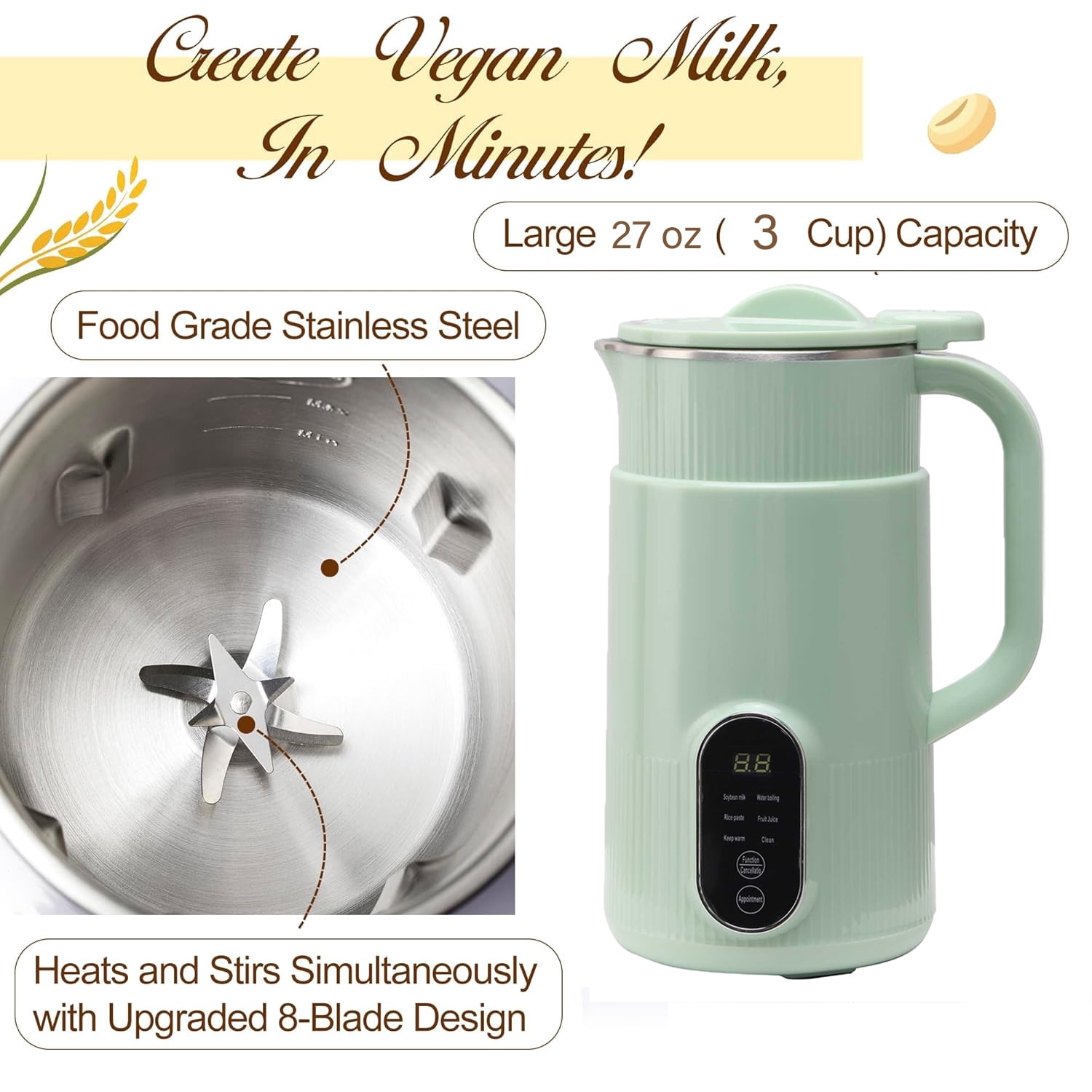 DISHUECO Nut Milk Maker, 27oz Food Processor,Homemade Almond, Oat, Coconut, Soy, Plant-based milk and Non Dairy Beverages, Soy Milk Maker Machine with Delay Start/Keep Warm/Self-Cleaning/Boil Water