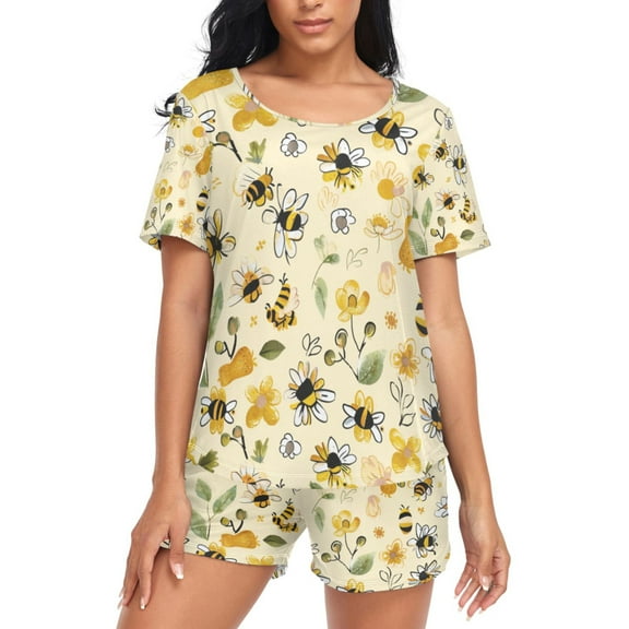 joogoo Women's Pajama Set Bee and Floral Short Sleepwear Loungewear with Pockets M