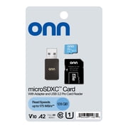 onn 128GB C10 U1 V10 A2 microSDXC Flash Memory Card + Reader, for Phones, Cameras, Tablets & Drones