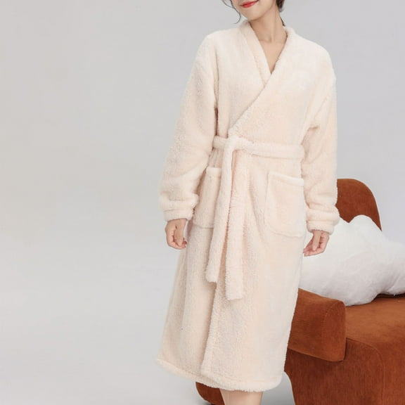 ylioge Fleece Robes for Women with Pockets and Belt Long Sleeve Bathrobes Ladies Casual Solid Long Length Warm Sherpa Going-Out Loungewear Bath Robe