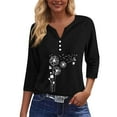 thumbnail image 4 of WTOBBY Women's Fashion Basic V-Neck T-Shirt with Printed Pattern, 3/4 Sleeve, and Button Detail, Ideal for Weekend Wear, Spring Fall Season, Casual Occasions, and Everyday Comfort,Black L, 4 of 6