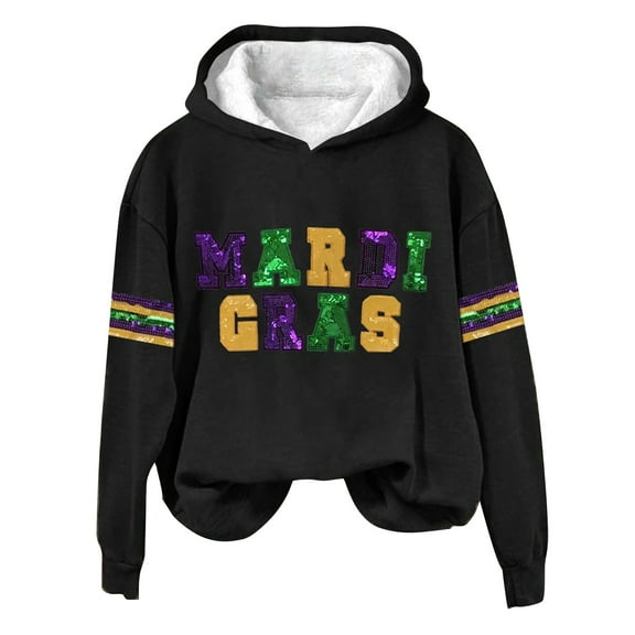 JJHGVB Winter Sweatshirts for Women Mardi Gras Shirt Womens Hoodies Pullover Thermal Hoodies for Women Long Sleeve Hoodies for Women Mardi Gras Tee Shirts for Women Mardi Gras Sequin Shirt Black L