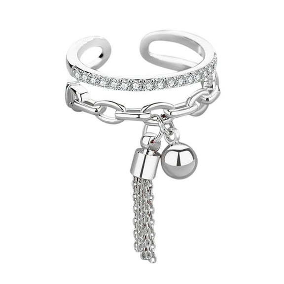 Guodhu Stackable Golden Chain Ring with Dangle Beaded Ball Adjustable Tassel Dangling Rings for Women Sparkling Bling Cubic Zirconia Finger Ring Jewelry