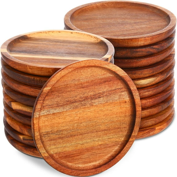 20 Set Acacia Wood Dinner Plates Round Wooden Charger Plates 6 Inch Serving Tray Lightweight, Unbreakable Natural Dinnerware Dishes for Steak, Snack, Dessert, Cake(Height 0.59 in)