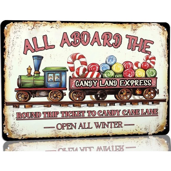 Panneau de Décoration de Noël Vintage Candy Land Express en Métal, Panneau Rond Ticket To Candy Cane Lane, Décoration Murale Festive de Noël pour Cuisine Café Bar Parfait pour les Amateurs de Bonbons 8x12 Pouces