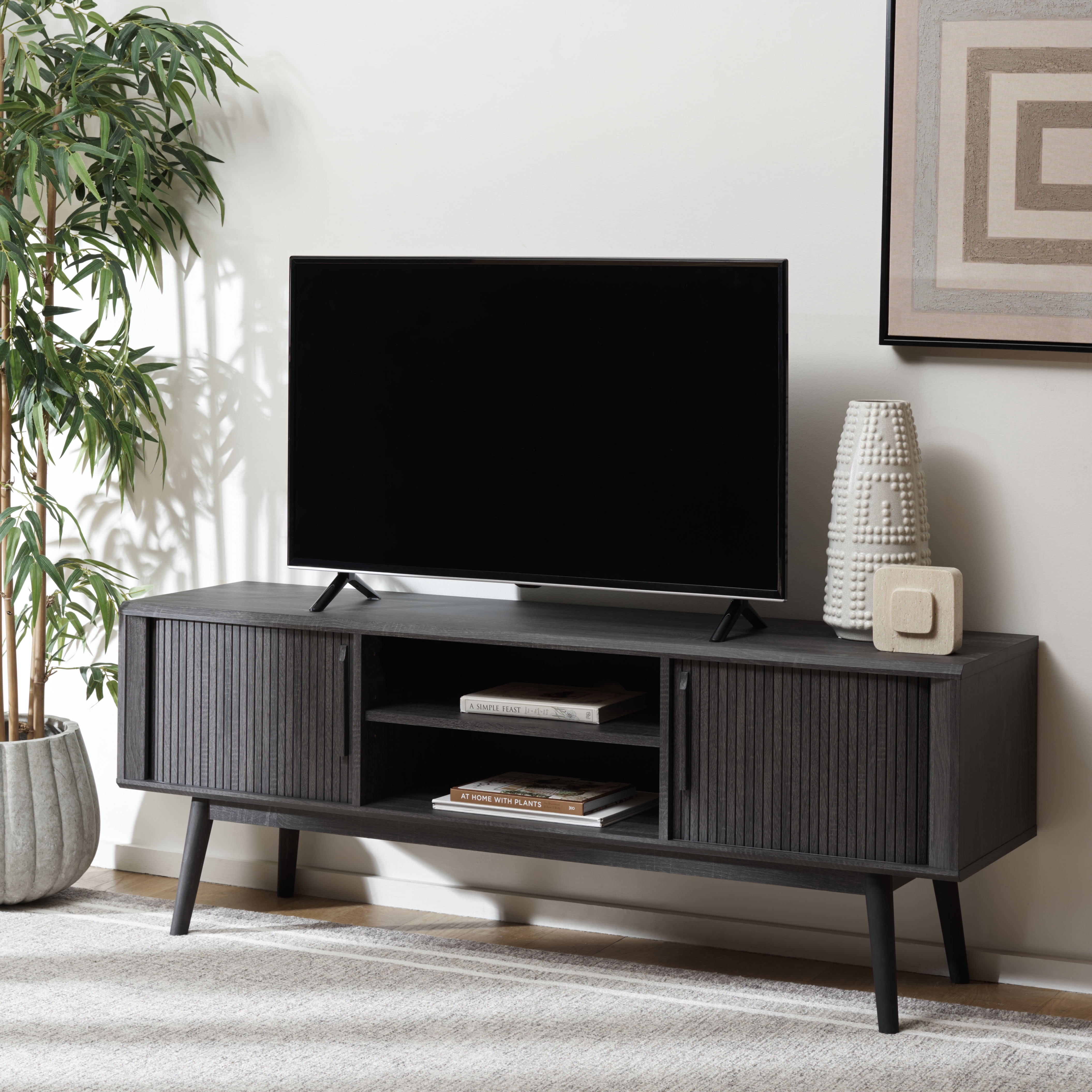SAFAVIEH Aphra 2 Door 2 Shelf Media Stand, Distressed Black (59 in. W x 15.4 in. D x 21.9 in. H)