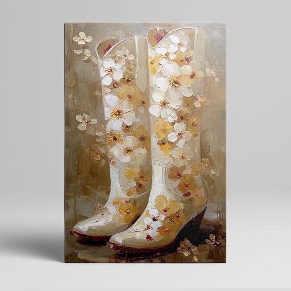 Topbout Art Western-Style Cowboy Boots Embellished with Floral  8 in x 12 in Framed Painting Canvas Art Prints