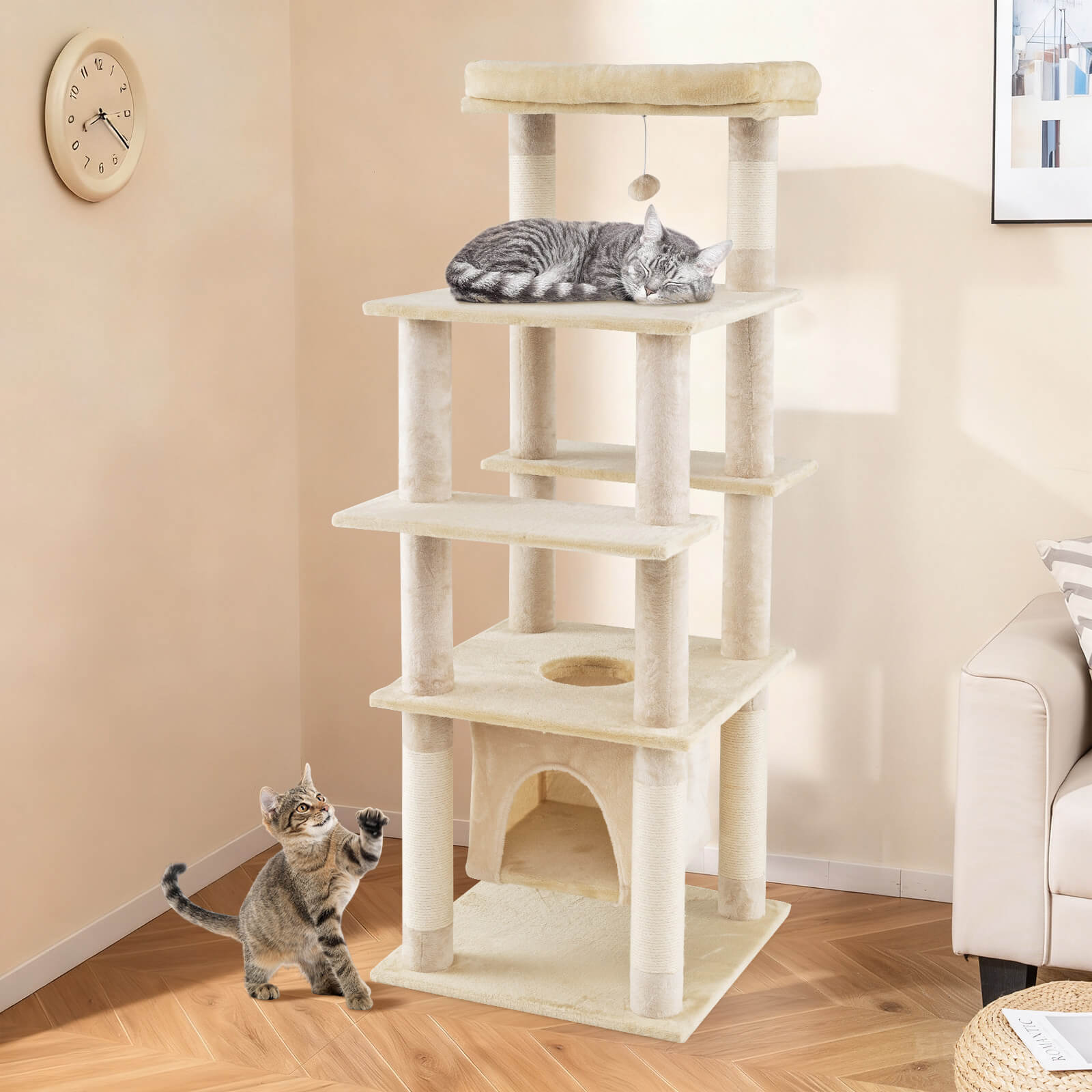 Costway Large Multi-level Cat Tree 58" Tall Cat Tower with Swaying Aerial Condo Perch Bed Beige