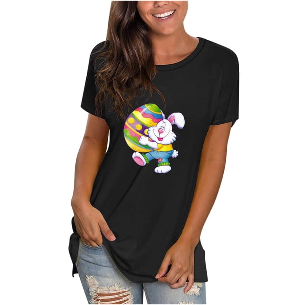 Moda mujer Casual Pascua camiseta impresa cuello redondo manga corta pulóver Tops blusa Fridja bn6837