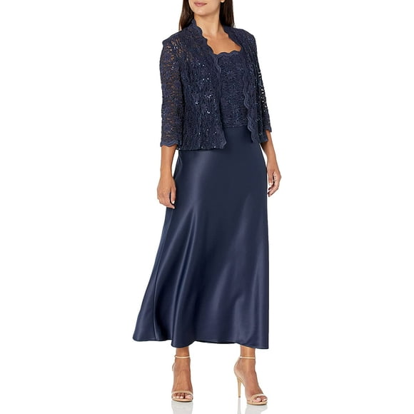 Alex Evenings Womens Plus Size Long A-Line Mock Dress with Jacket 14 Midnight