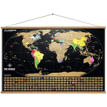 Landmass - Extra Large Scratch Off Map of The World with Frame - Travel World Map Poster Print   Wood Hanger - Countries - World Capitals - Wall Art - 24 x 36 inches - Perfect Gift Idea for Travelers