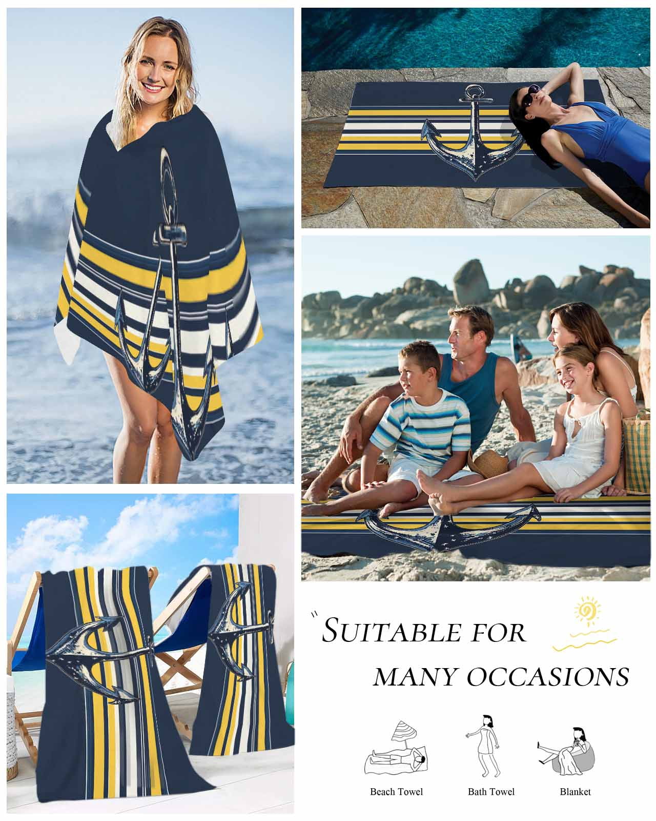 Nautical Anchor Beach Towels Oversized Super Absorbent, Navy Blue Yellow Striped Farmhouse Ombre Lightweight Bath Towel Quick Dry Sets For Bathroom/Pool/Rv Camping/Beach Play/Gym Room/Picnic 23"x47"