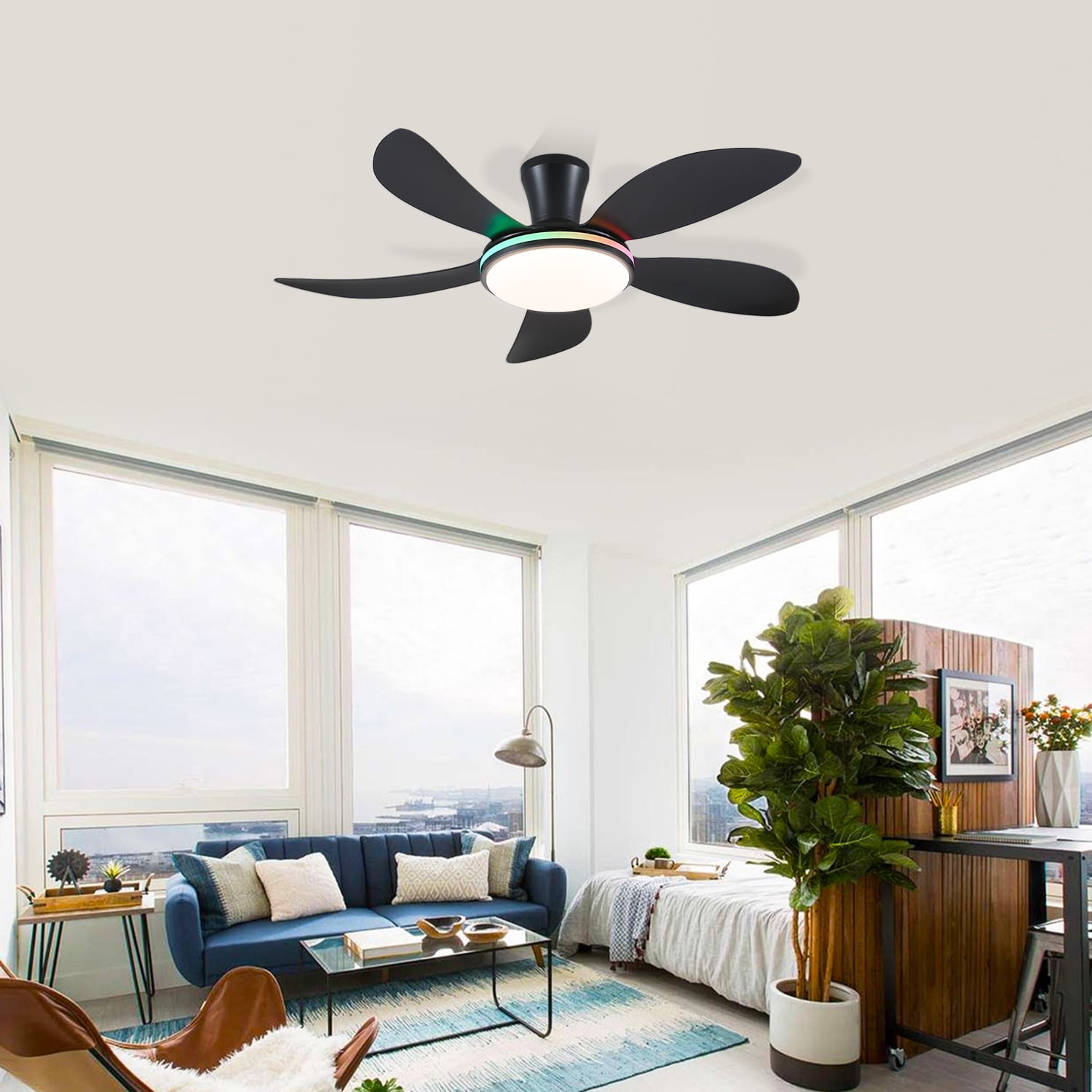 YIOSI 48'' Black Ceiling Fan with Lights and Remote /APP Control,Low Profile Modern Ceiling Fan,Outdoor Flush Mount Ceiling Fan 6-Speed Reversible DC Motor for Living Room Bedroom Indoor,RGB Lighting