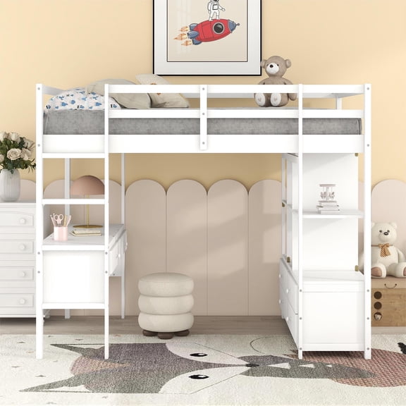 MODERNLUXE Full Size Loft Bed with Desk, Drawers and Shelves, White