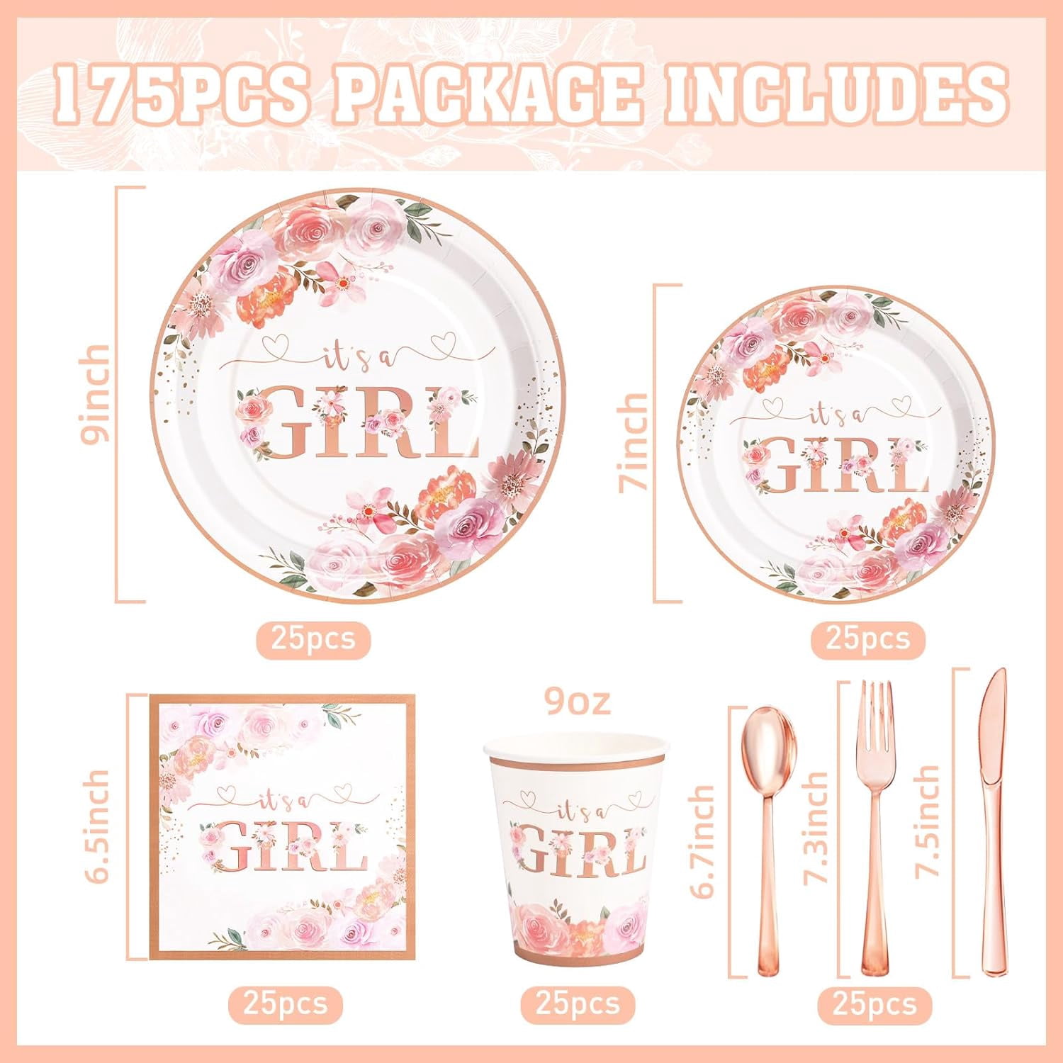 175 PCS Baby Shower Decorations for Girl, Floral Baby Shower Plates and Cups and Napkins Sets Serve 25, It's a Girl Plates Set for Baby Girl Gender Reveal Birthday Party Decorations