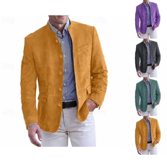 Domuza Mens Suede Blazer Jacket Faux Leather Retro Casual Single Breasted Suit Jackets Fall Winter Fashion Stand Collar Sport Coat with Pockets