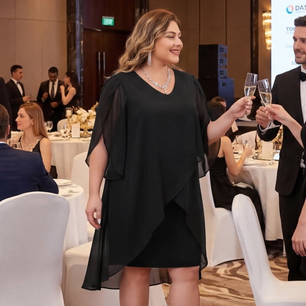 Agnes Orinda Women's Plus Size Formal Dress V Neck Chiffon Overlay Wedding  Guest Cocktail Party Mesh Dresses 1X Black