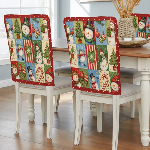 Christmas Snowmen Chair Back Covers Set of 2, Potted Christmas Trees Candy Cane Candy Cane Red Removable Dining Seat Cover Washable Kitchen Chair Slipcovers Protective for Party Decoration 19x20in